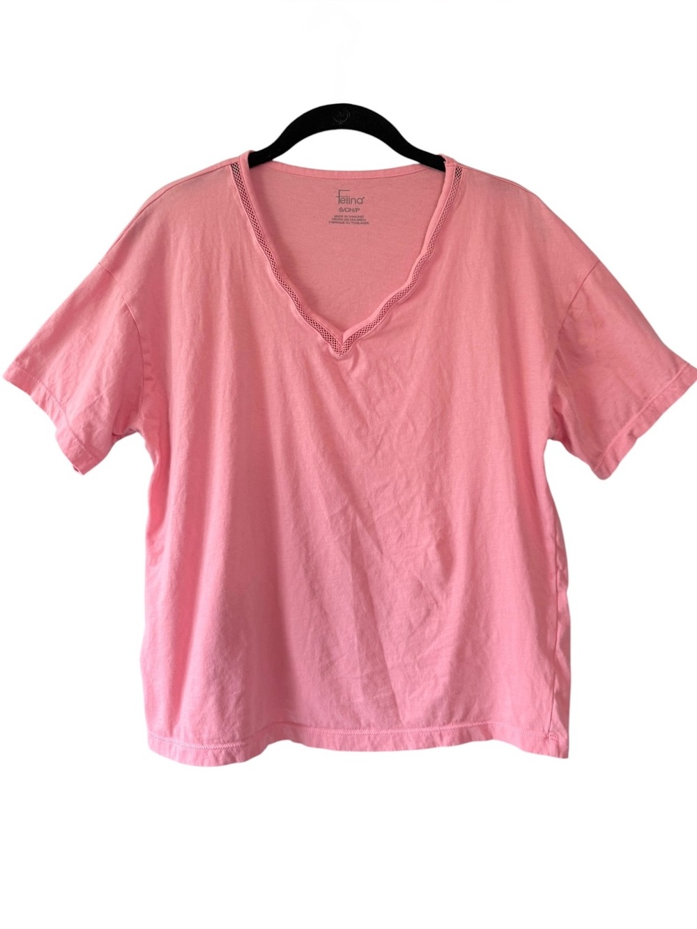 Felina V-Neck Relaxed Fit Cotton T-Shirt Coral Pink Size Small